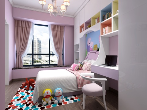  现代儿童房 女孩房 书桌 窗帘3d模型 