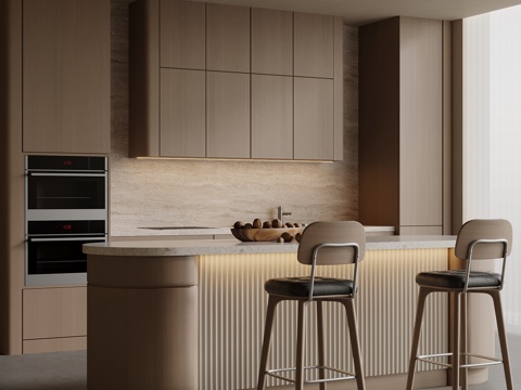 中古风餐厅 岛台 厨房su模型