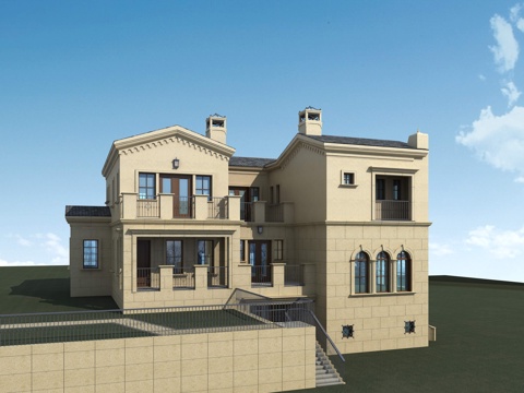  简欧西班牙风格别墅外观3d模型 