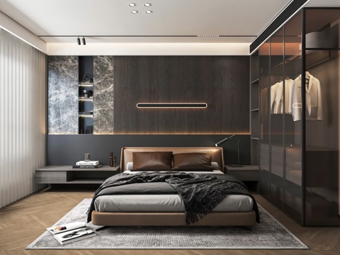  意式卧室 无主灯卧室 衣柜 背景墙3d模型 