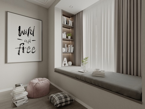  现代飘窗 飘窗柜 飘窗垫 艺术品摆件 挂画 窗帘3d模型 