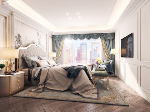  简欧卧室床 床头柜 台灯 落地灯 单人沙发 床头背景墙地3d模型 