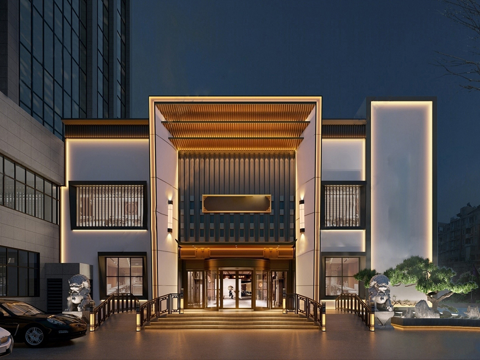 新中式门面门头 餐饮店面门头su模型