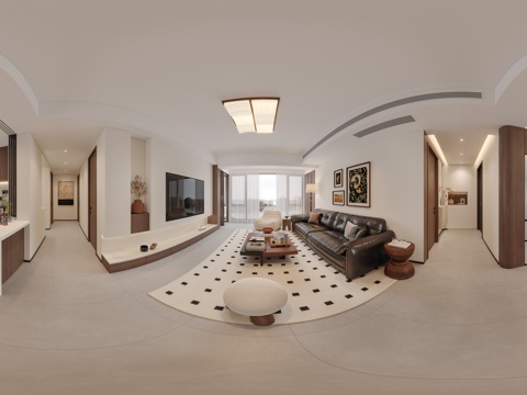  现代中古风客餐厅厨房 沙发组合 餐桌椅组合 