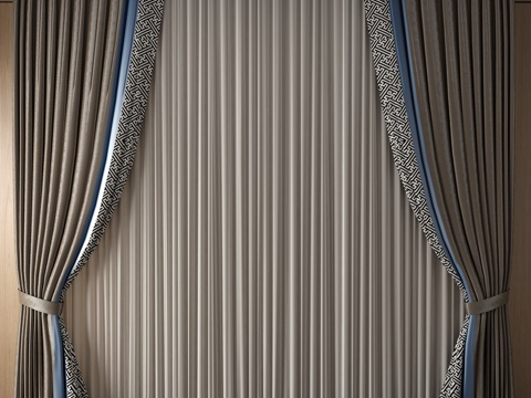  简欧窗帘 挂帘 双层帘 纱帘 布帘3d模型 