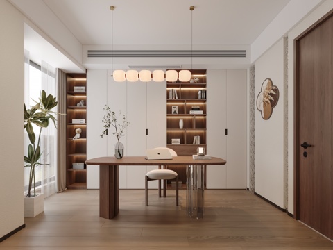  现代中古书房 书桌椅 书柜 吊灯3d模型 