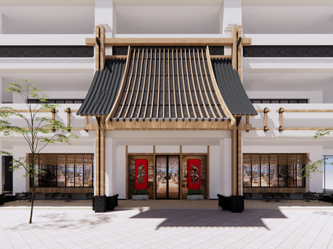 新中式门头 中式门楼 中式餐饮su模型