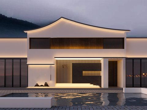 新中式餐厅门头 店面门头su模型