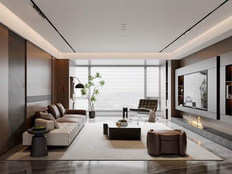 现代意式客厅 沙发茶几 电视背景墙 多人沙发 休闲椅 落地灯su模型