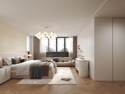  现代奶油风主卧3d模型 