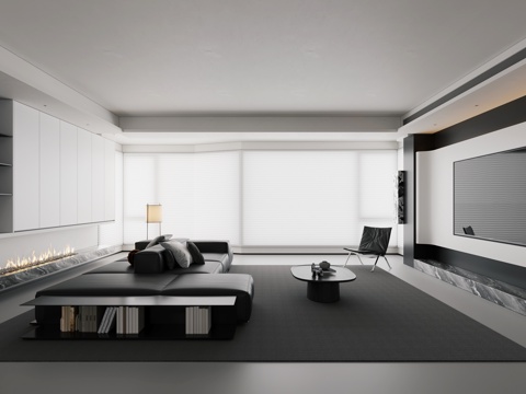  现代极简客厅  横厅 大平层 黑白极简客厅3d模型 