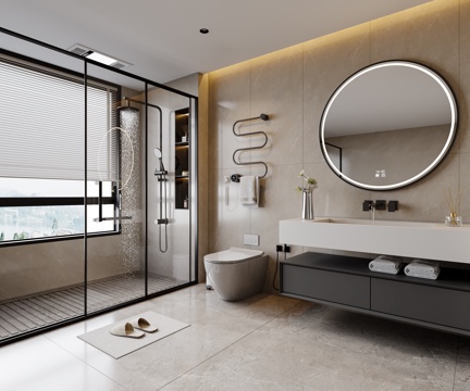 现代简约卫生间 浴室柜 马桶 花洒 淋浴门su模型