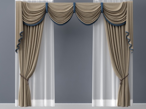  简欧窗帘 挂帘 双层帘 纱帘 布帘3d模型 