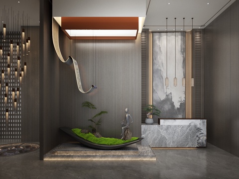  现代酒店前台景观3d模型 