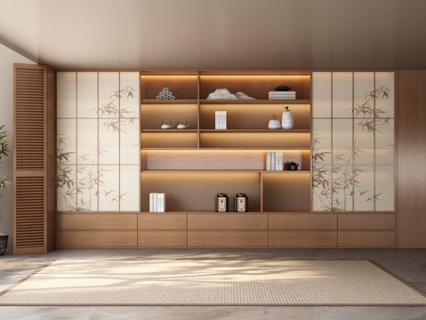 宋式新中式茶室背景墙3d模型