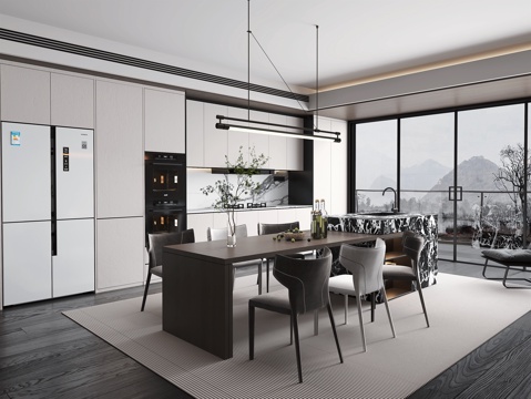 现代开放式厨房 橱柜 岛台 餐椅 厨房电器 餐厅吊灯su模型