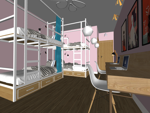 双人间 寝室 单人间 卧室 宿舍 家装 工装su模型