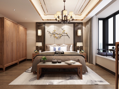  新中式卧室 双人床 床头柜 凳子 衣柜 吊灯 台灯 挂画3d模型 