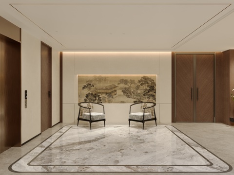  新中式入户门厅楼梯间3d模型 