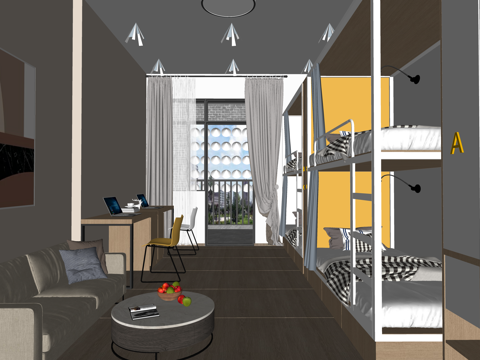 公寓 家装 上下铺 双人间 工装 床 单人间su模型