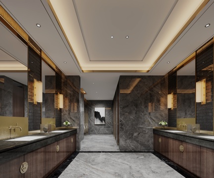 卫生间 新中式卫生间 酒店卫生间 洗手台 镜柜 壁灯3d模型