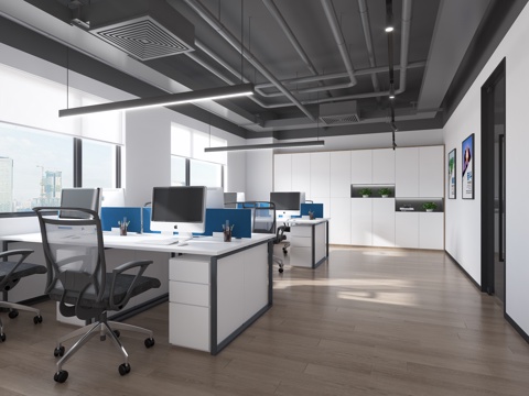  现代公共办公室 办公桌椅 办公柜 长条灯 开放办公区 休闲桌3d模型 