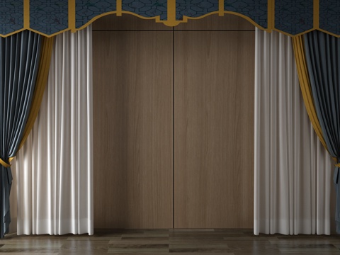  中式窗帘 挂帘 双层帘 纱帘 布帘3d模型 