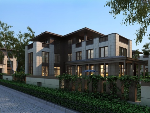  新古典新亚洲欧式古典独栋别墅外观3d模型 