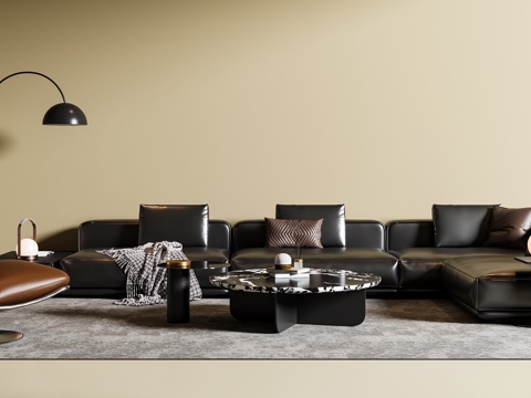 现代意式沙发茶几组合 皮质沙发 转角沙发 休闲椅 落地灯 地su模型