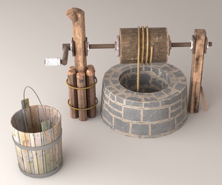 复古设计 乡村元素古井 传统农具 历史物件 水井 木桶su模型