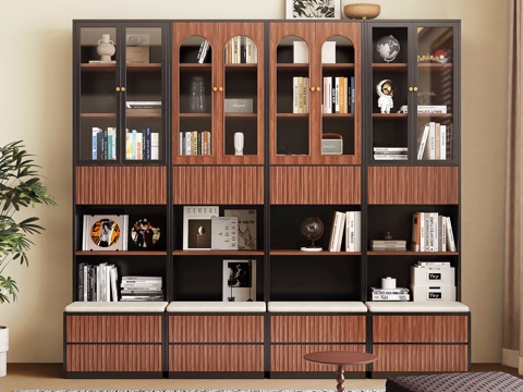 现代中古风书柜 书籍摆件 装饰品摆件 工艺品 盆栽绿植su模型