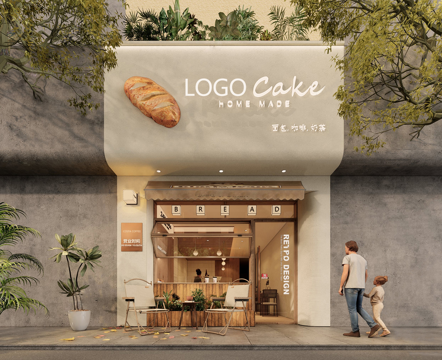 现代甜品店面包店门头 店铺门头su模型