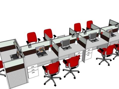 办公工位 办公班台 办公家具 工位 办公室 文件柜su模型