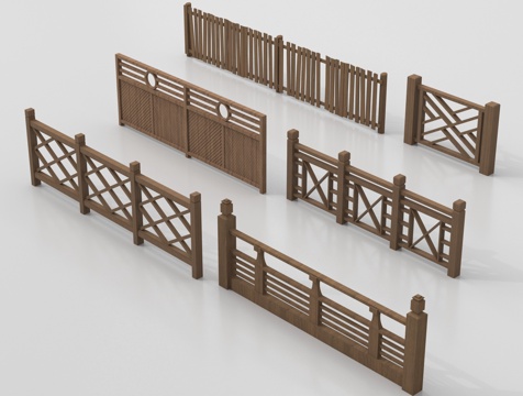中式围栏护栏 庭院木篱笆栅栏 实木栏杆围挡su模型