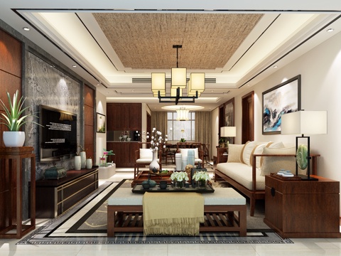  新中式客餐厅沙发电视柜3d模型 