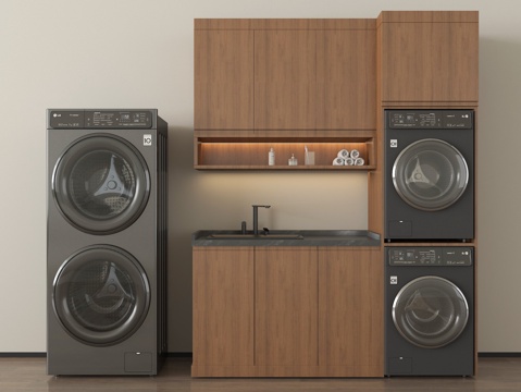 现代洗衣机柜 阳台洗衣机柜 洗衣机 烘干机  洗烘一体机su模型