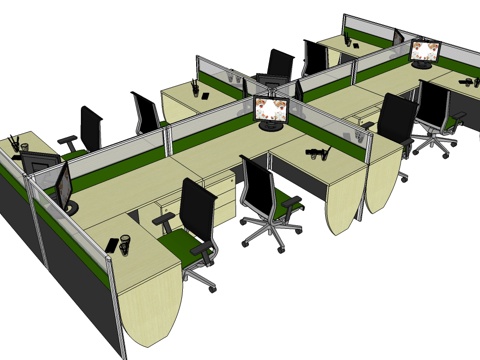 办公工位 办公班台 办公家具 工位 转角工位 文件柜su模型