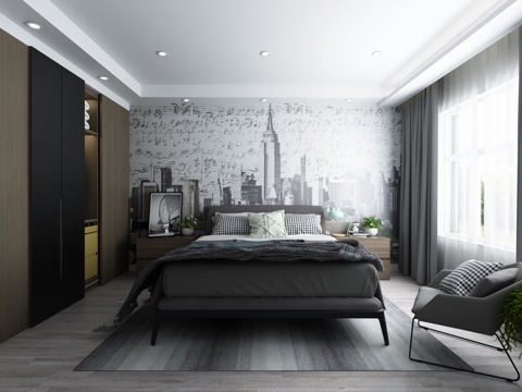  现代主卧 背景墙 床 衣柜 床头柜 灰色系现代简约轻奢3d模型 