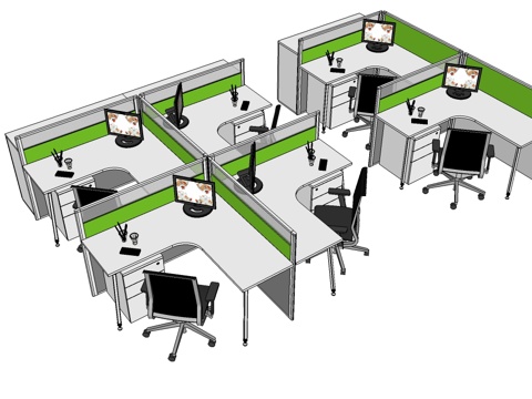 办公工位 办公班台 办公家具 工位 转角工位 文件柜su模型