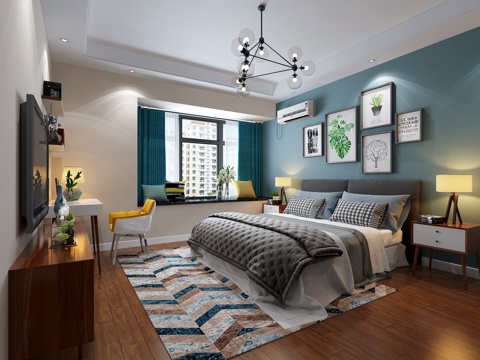  现代主卧室 床 现代灯 书桌 电视柜3d模型 