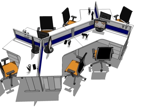  办公工位 办公班台 办公家具 6人工位su模型 