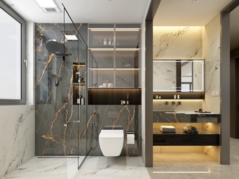  意式卫生间 干湿分离卫生间 干区浴室柜 湿区淋浴房 暗装花洒3d模型 