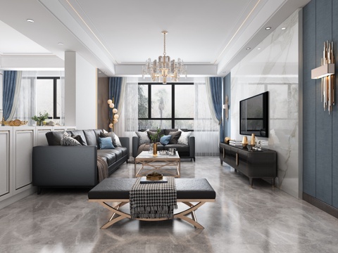  现代轻奢客厅 沙发组 吊灯 摆件 壁灯 电视柜3d模型 