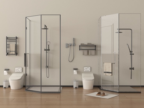 现代淋浴间淋浴隔断 花洒毛巾架马桶su模型