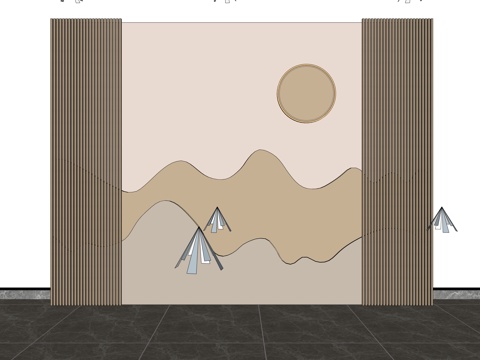 新中式水墨山水木格栅背景墙su模型