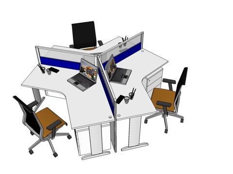  办公工位 办公班台 办公家具 3人工位su模型 