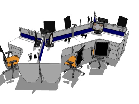  办公工位 办公班台 办公家具 6人工位su模型 