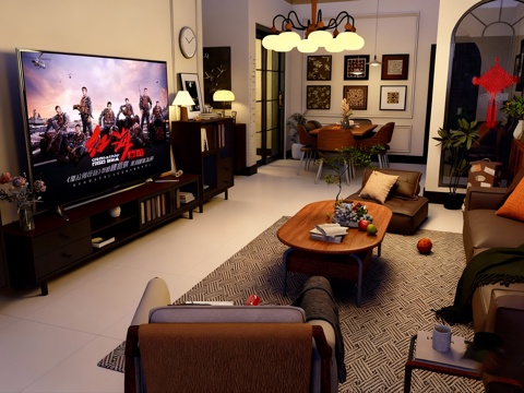 复古风客厅、木色客厅、su模型