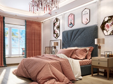  后现代粉色主卧室 粉色双人床 现代卧室 水晶吊灯 轻奢卧室3d模型 