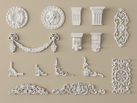  欧式雕花组合 石膏雕花 角花 柱头 灯盘 石膏构件3d模型 